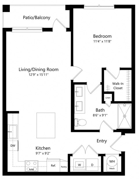 One Bedroom Floor Plan | 689 Sq. Ft. at The Gallery at Trinity Luxury Apartments in Trinity FL